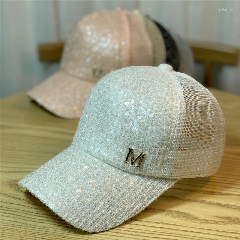 

Ball Caps Summer Hollow Breathable Mesh Sequin Baseball Cap Women's Fashion Rhinestone Letters Solid Color Sun Hat Hip Hop Chapeau, As the picture shows