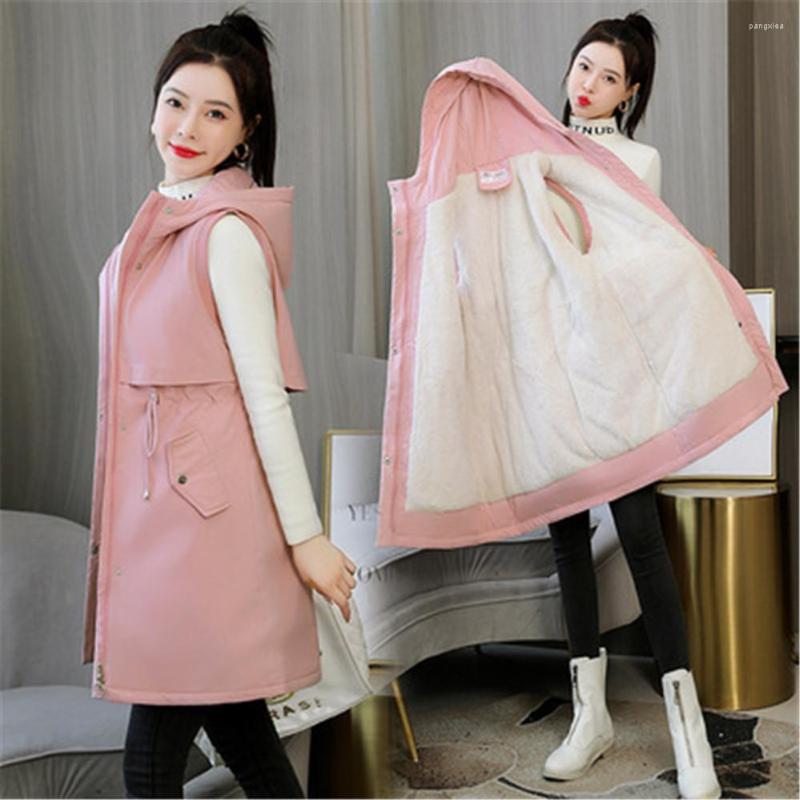 

Women's Vests Size 3XL 4XL Slim Long Overcoat Female Cotton Padded Waistcoat Parkas Autumn Winter Sleeveless Hooded Jacket Women, Beige