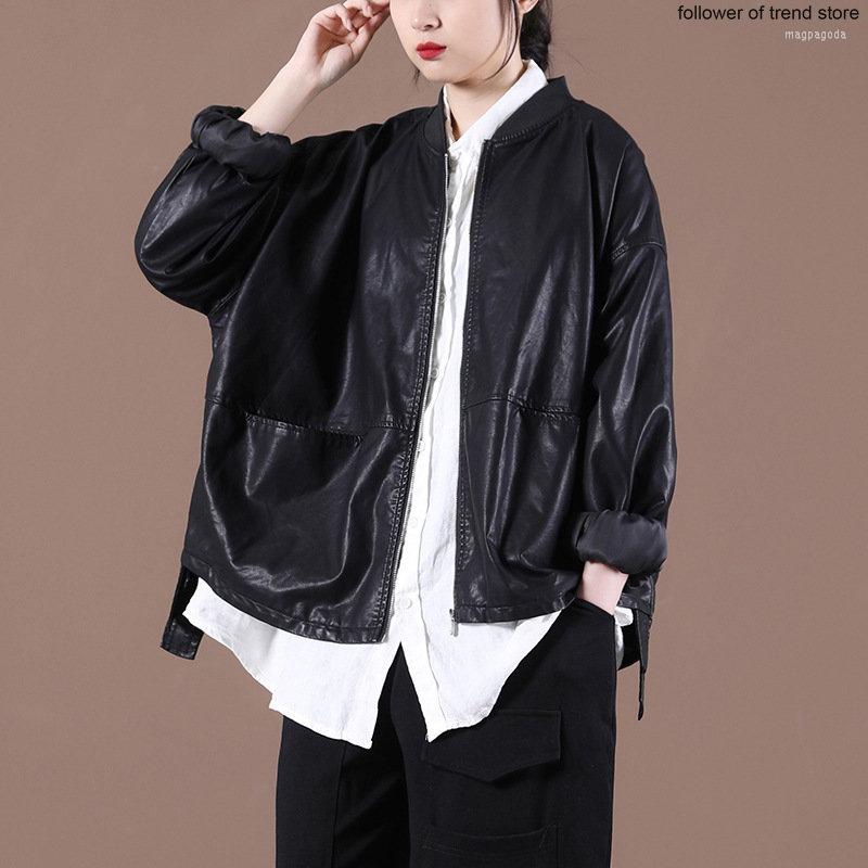 

Women's Leather Autumn Winter Female Jacket Loose Baseball Collar Ribbon Short Coat Black Hip Gothic Girl