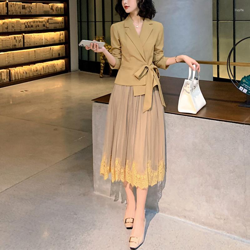 

Two Piece Dress Spring Designers Office Lady Outfits Women Fashion Retro Lace Up Blazer Mesh Tulle Midi Skirt Suit Sets, Black