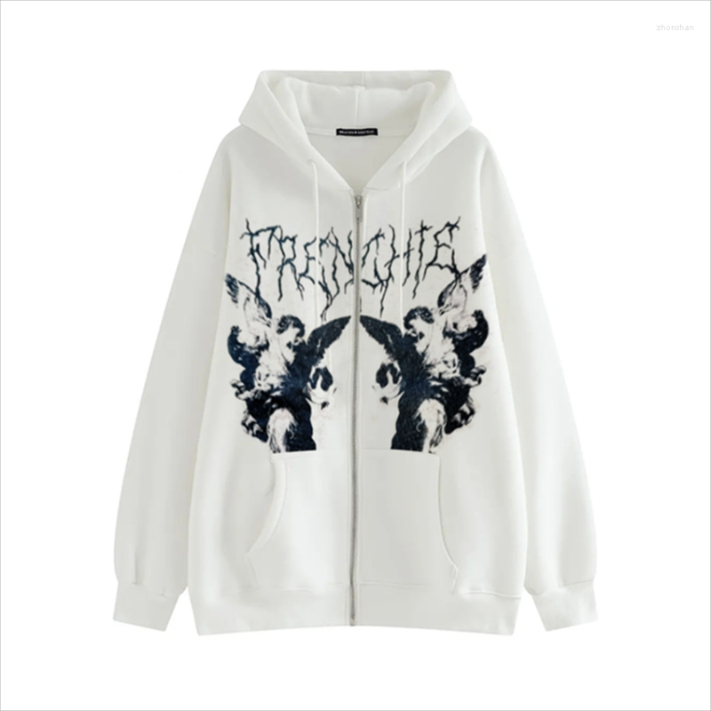 

Women' Hoodies Plus Size Y2K Hoodie Zip-up Sweatshirt Angel Printing Jacket Loose Long Sleeve Pockets Streetwear Hip Hop Fashion Men Women, Beige