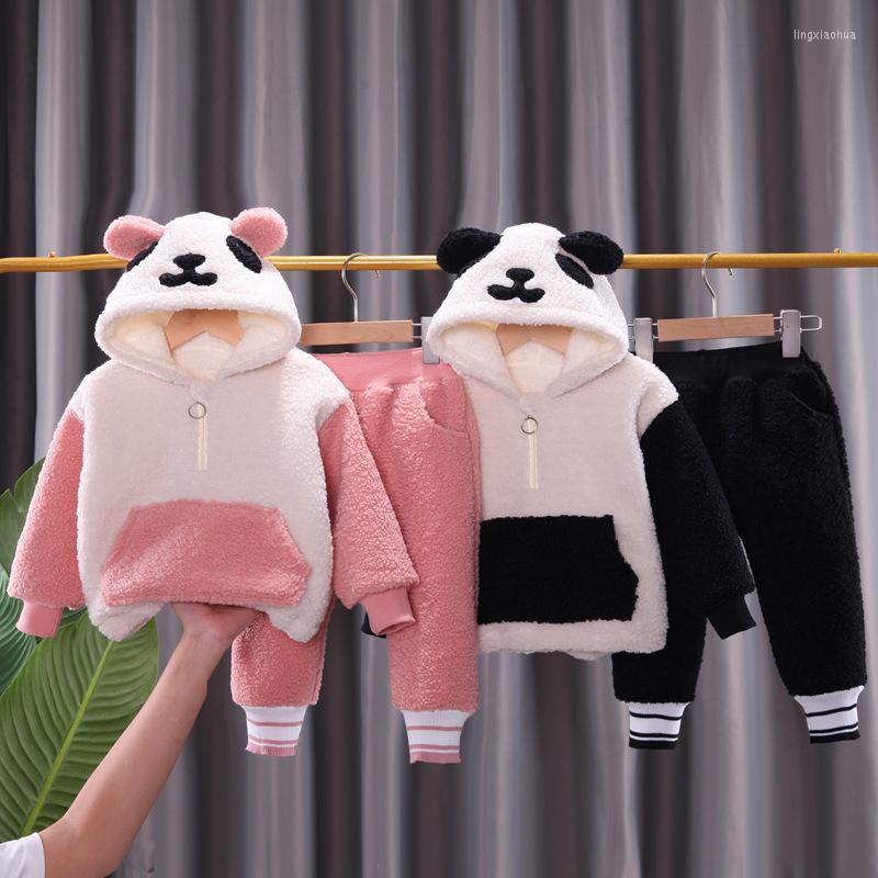 

Clothing Sets Baby Boy Set Winter Plus Velvet Hooded Sweater Trousers 2PCS Children Suit Thick Fleece Kids Tracksuit Boys Costume, Pink