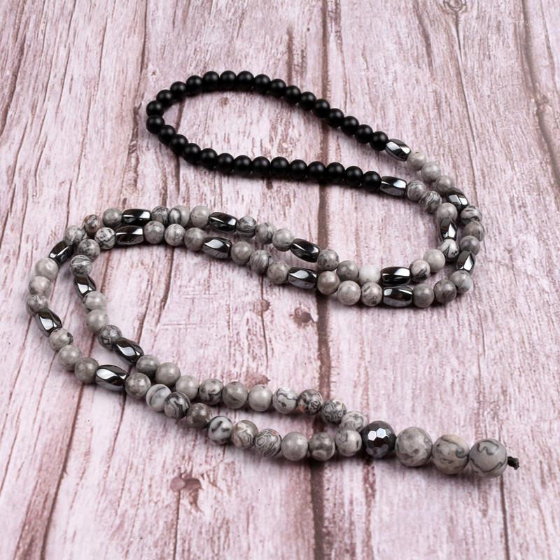 

Pendant Necklaces 6MM Gray Map Stone With Black Hematite Bead Necklace For Men