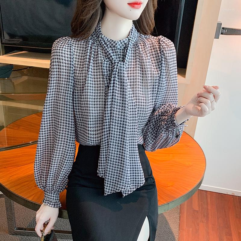 

Women' Blouses Vintage Houndstooth Printed Bow Women' Shirt Elegant Office Lady V-Neck Pullovers Fashion Commute Loose Female, Multi