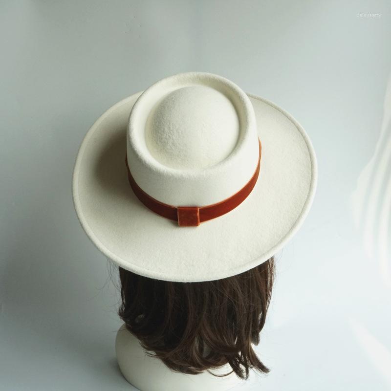 

Berets 01910-shi British Style Winter Wool White Solid Orange Ribbon Classic Fedoras Cap Men Women Jazz Hat