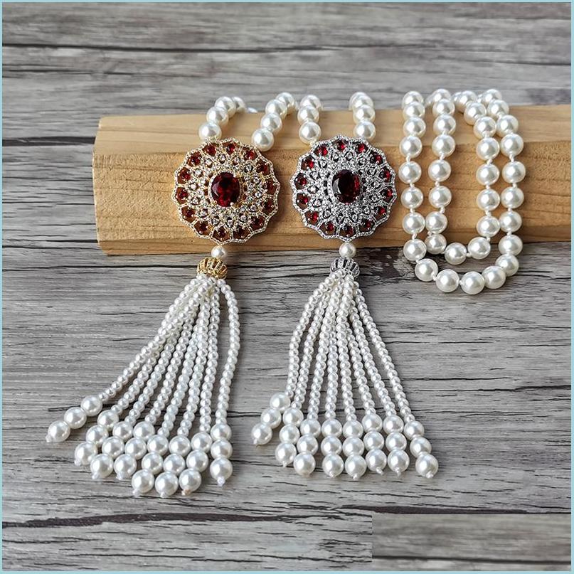 

Pendant Necklaces Unique Design Handmade Round Charm Red Zircon Cz Micro Pave Pendant Natural Shell Pearl Beads Tassel Women Jewelry Dhjfl