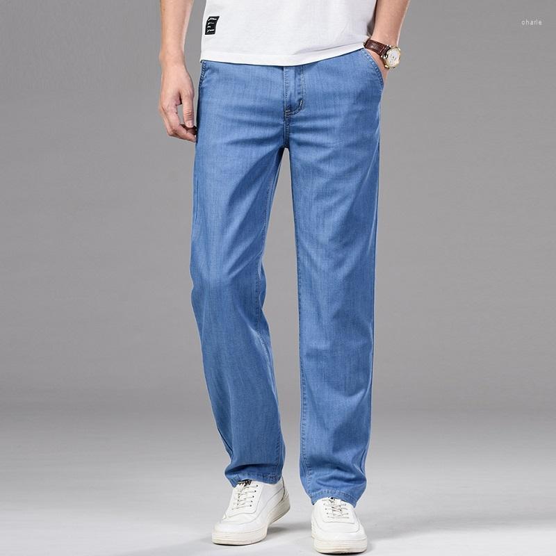 

Men's Jeans Fashion Ice Silk Men's Loose Straight Casual Long Pants Mens Summer Thin Blue Denim Trousers, Black