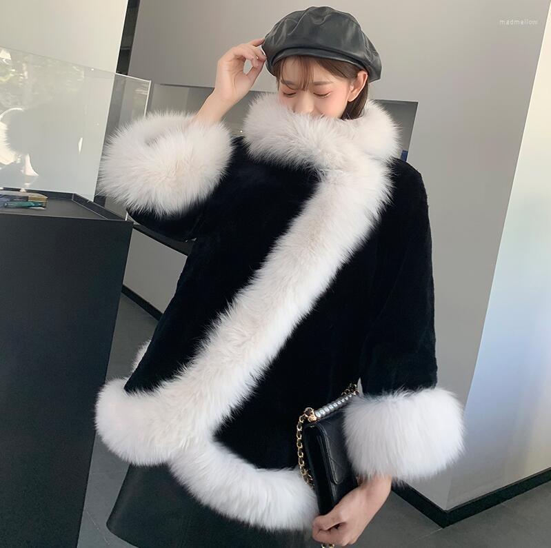 

Women' Leather Elegant Beautiful Autumn Winter Black And White Medium Long Fur Women' Fashion Thin Warm Rex Cape Coat
