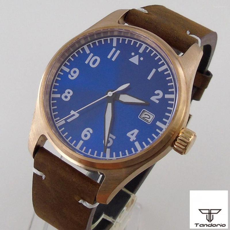 

Wristwatches Solid Bronze CUSN8 Tandorio Automatic Diving Men's Watch NH35A 200M Waterproof Sapphire Crystal Blue Dial Leather Strap, Picture shown