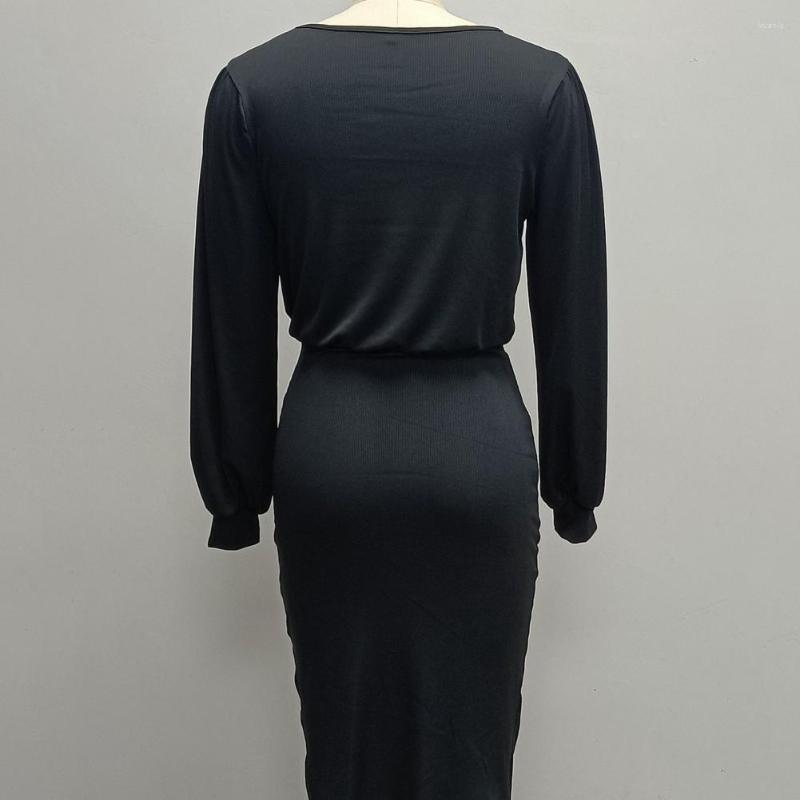 

Casual Dresses Knee Length Trendy Fashionable Stretchy Skinny Bodycon Knitting Dress Skin-Touching Autumn O-neck Streetwear, Black