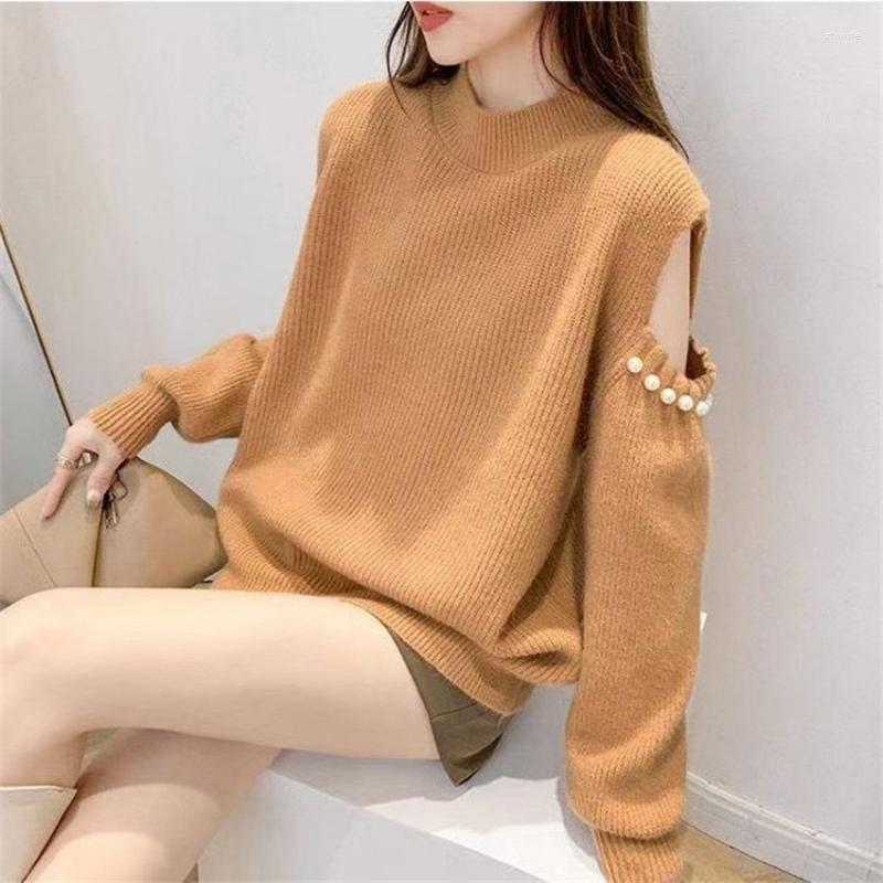 

Women's Sweaters Autumn Winter Off-the-shoulder Beaded Sweater Women Blue Loose Korean Pullover Fashion O Neck Long-sleeved Short Knitted, Pink