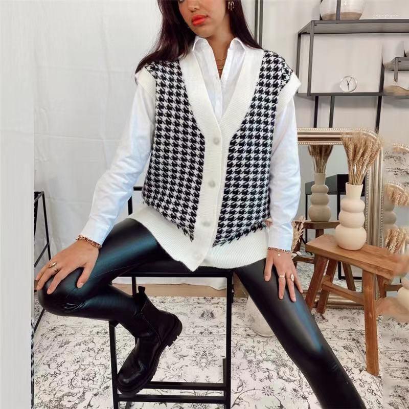 

Women' Knits 2022 Autumn Winter Harajuku Black Houndstooth V Neck Vest Cardigan Women Loose Sleeveless Button Knitted Sweaters Casual, White cardigan vest