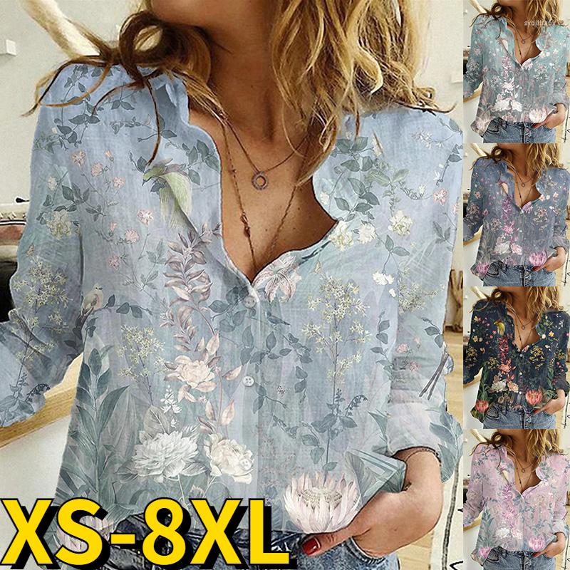 

Women's Blouses 2022 Autumn Winter Female Everyday Street Fashion Elegant Long Sleeve Sexy V-neck Women Floral Print Tops Retro Shirt, Gray