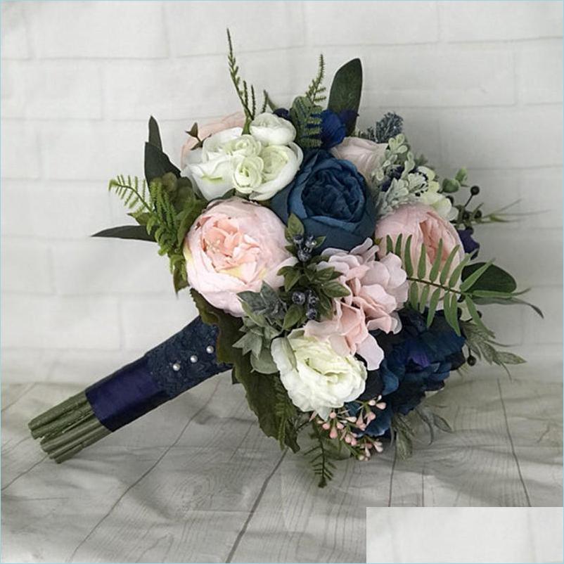 

Wedding Flowers Navy Blue Bridal Bouquet Blush Rose Peony Bridesmaid Wedding Flowers Mariage Accessory Party Decoration De Novia Dro Dhe5R