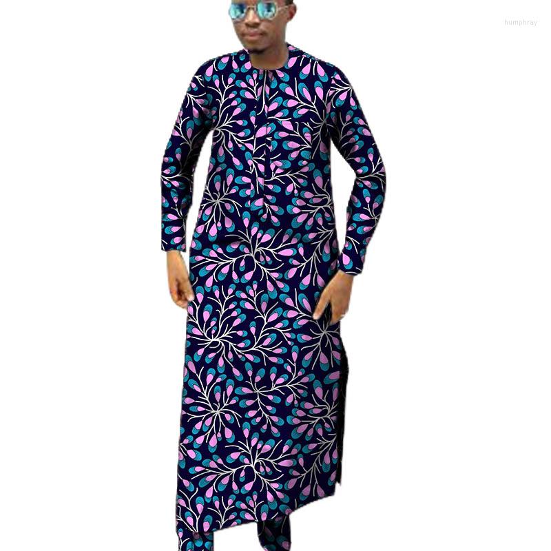 

Men's Tracksuits Nigerian Style Print Floor Length Shirts With Trousers Men's Sets Male Groom Suits African Party Robe Pant