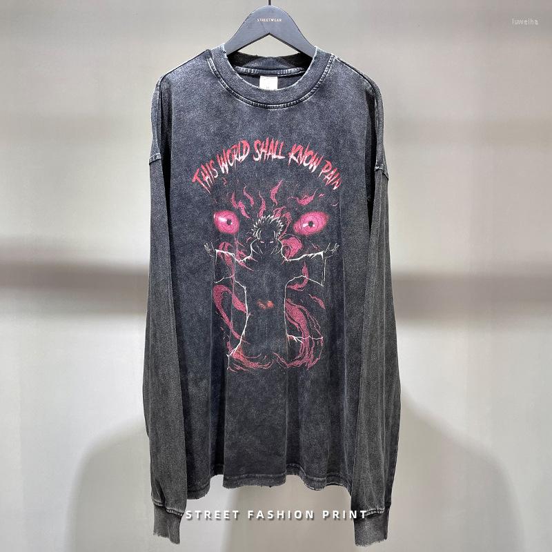 

Men's T Shirts ACTIONTUBE Men's Dark Street Fashion Print Long Sleeve T-shirt Wash Water Damage Brand Backing, Black