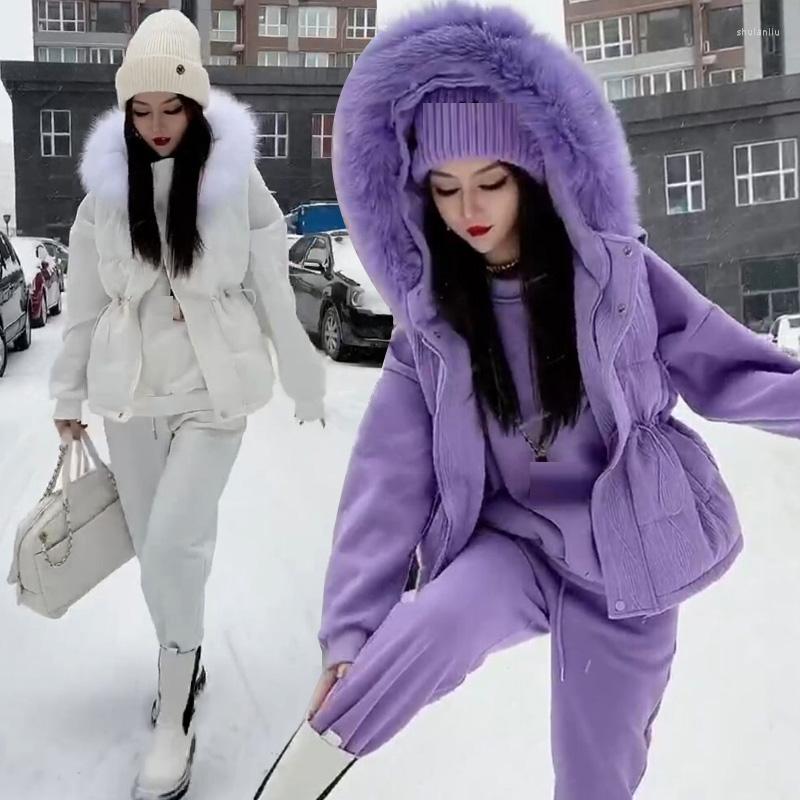 

Women' Two Piece Pants Large Size Women Winter Warm Sports Suit Fashion Hooded Top Pant Three Set Jacket Sportwear Casual Tracksuit, White