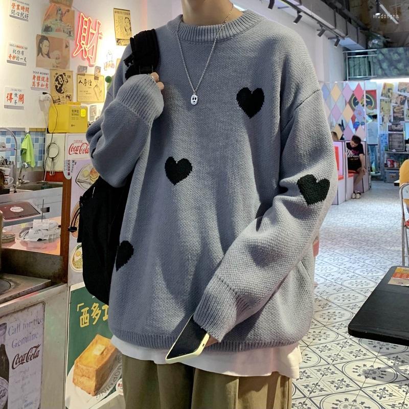 

Men's Sweaters Legible Autumn Winter Men Casual Loose Knitted Pullovers Male Heart Printed Sweater For Man, Blue