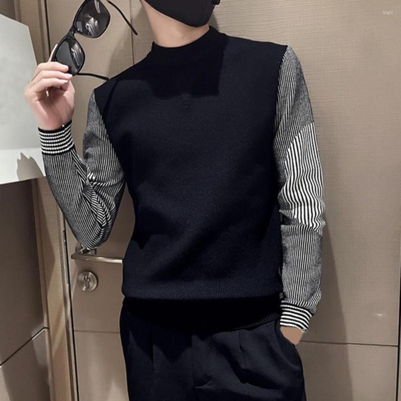 

Men's Sweaters Streetwear Trendy Contrast Colors Elastic Men Sweater Warm Spring Striped Print Clothes, Black