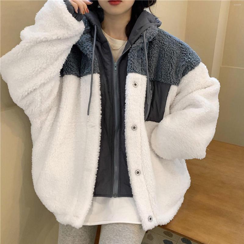 

Women' Fur Winter Fleece Jacket Women Splicing Fake Two Piece Coats Harajuku Warm Streetwear Jackets Faux Lambs Coat, Gray