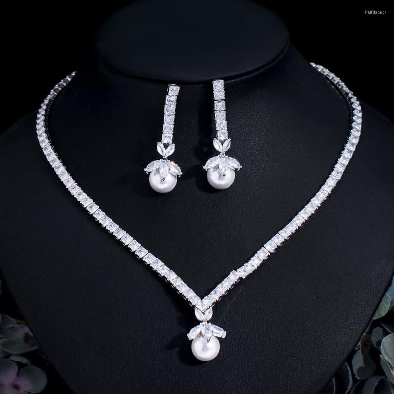 

Necklace Earrings Set CWWZircons Elegant Dangle Drop White Cubic Zirconia Women Party Earring Pearl Jewelry For Wedding Bridal Gift T674, Picture shown