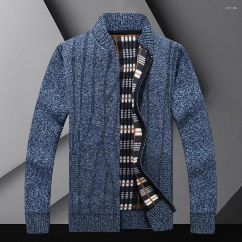 

Men's Sweaters Men Sweater Coat Solid Color Thermal Zipper Cardigan Thicken Stand Collar Plush Jacket Casual Autumn Daily Clothes, Blue