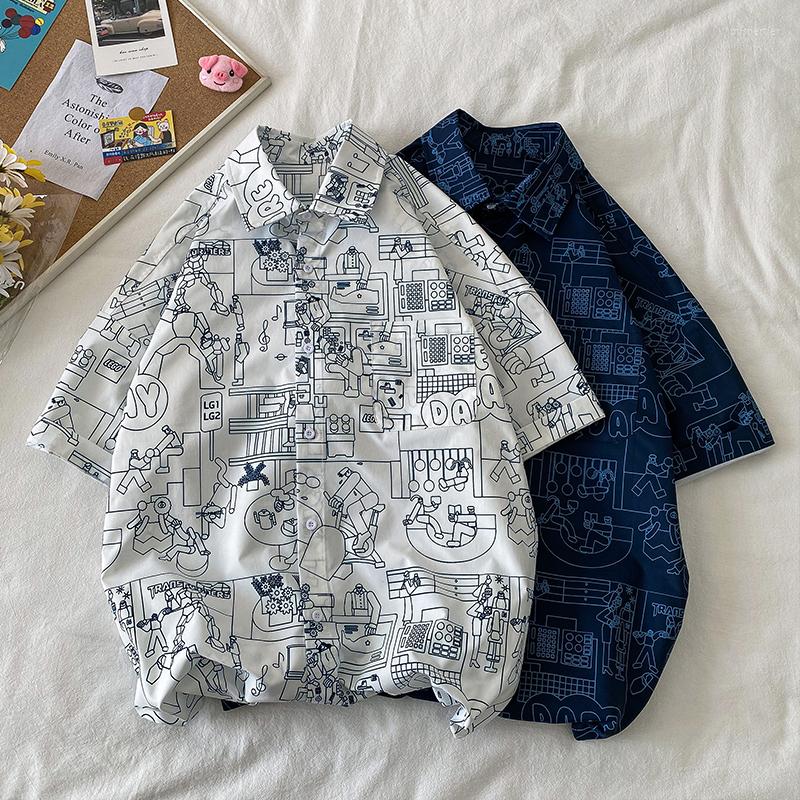 

Men's Casual Shirts 22SS Men's Trend Harajuku Spring/Summer Shirt Short Turn Down Neck Sleeve Chest Pocket Design Fashion Print, Blue
