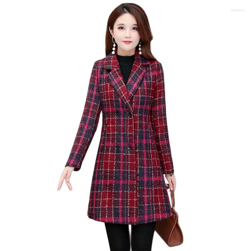 

Women's Wool High Quality Women Woolen Coat 2022 Autumn Plaid Blends Ladies Fashion Mid-length Outerwear Abrigos Mujer, Red grid