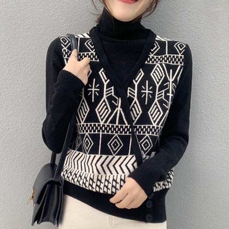 

Women' Sweaters Pullovers Half High Collar Sweater Women Sueter Mujer Vintage Fake Two Piece Geometric Jumper Knit Top 2022 Shirts, Black