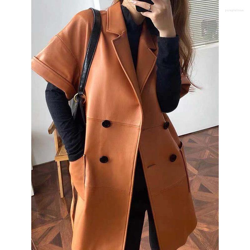 

Women's Leather Genuine Coat 2022 Suit Collar Double-breasted Windbreaker Short Sleeve Strap Long Thin Real Sheepskin Jacket Women Sexy, Temperament orange