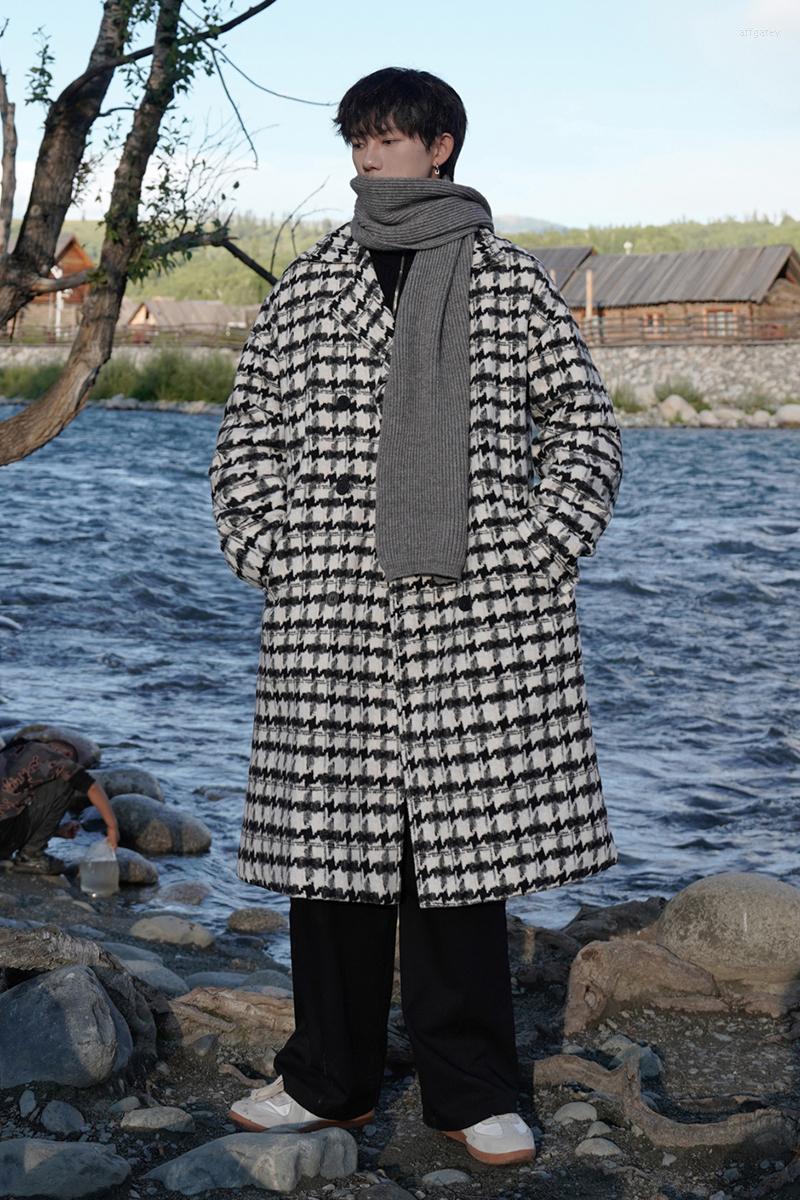 

Men's Trench Coats ZCSMLL Autumn And Winter Loose Woolen Coat Men's Advanced Sense Thickened Thousand Bird Grid Medium Long Windbreaker, Black