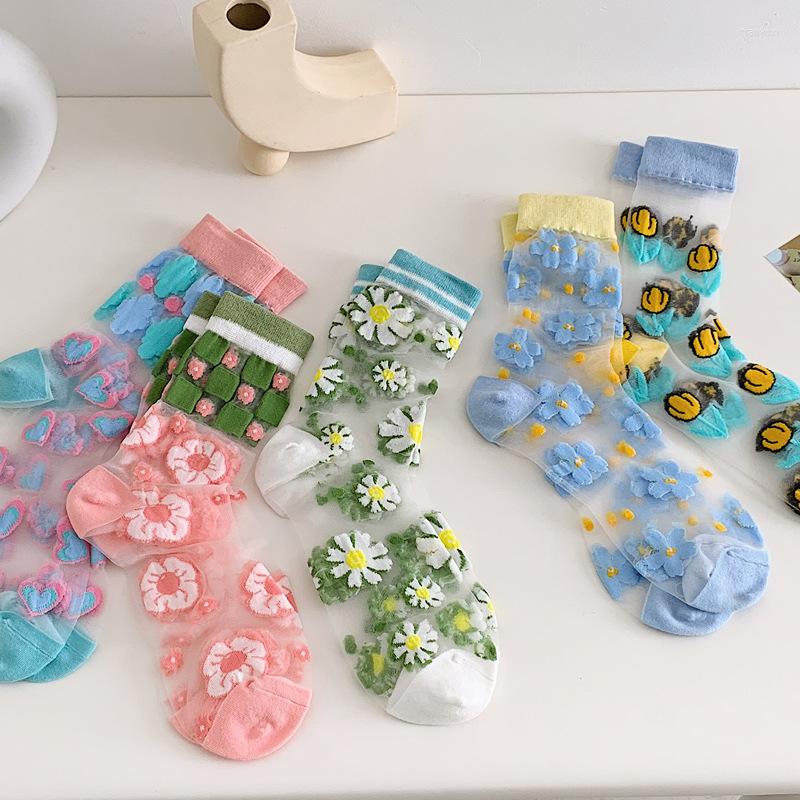 

Women Socks 2022 Japanese Korea Fashion Jacquard Summer Cool Creative Floral Transparent Silk Trend Print Ultrathin Glass, Pink