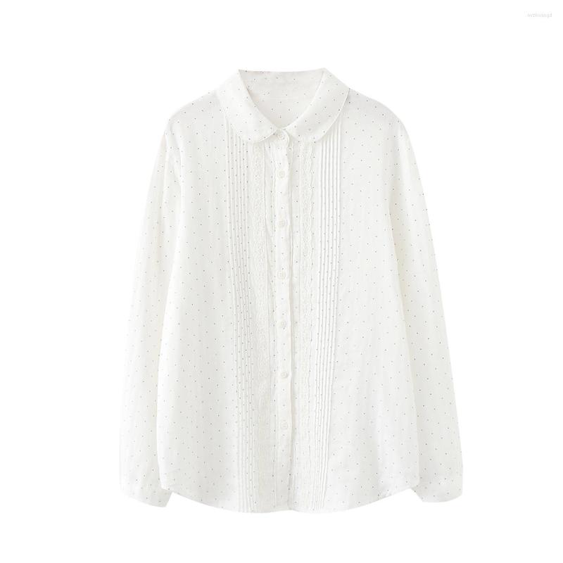 

Women's Blouses FairyNatural Women Unique Lace Stitch Pleated Tops Polka Dots Ladies Cotton Yarn Kawaii Shirt Blouse 2022 Spring Autumn, White