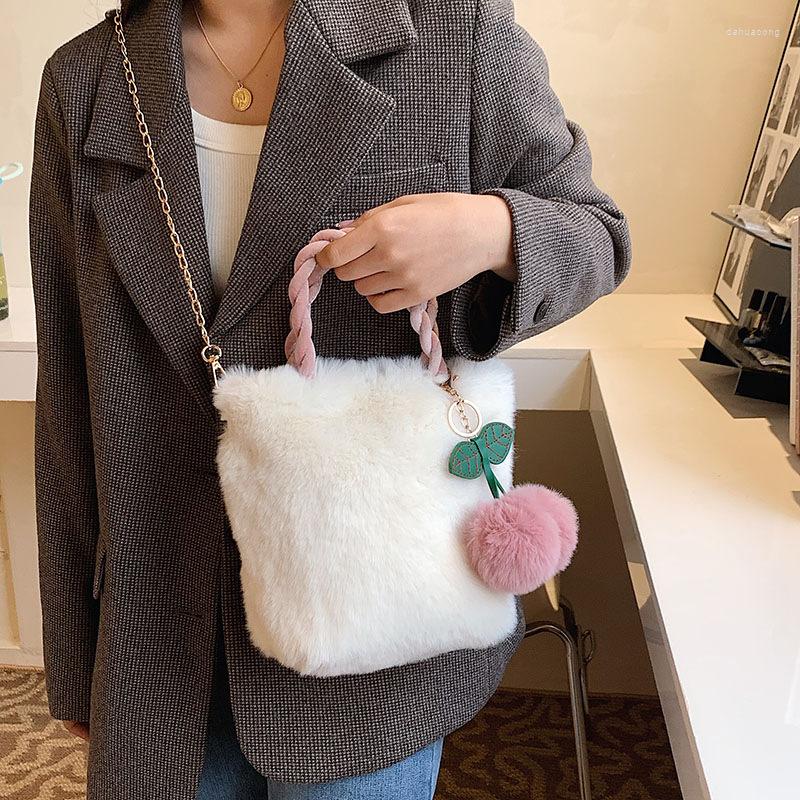 

Evening Bags Cherry Girl Plush Handbag Women's 2022 Winter Fashion Large-capacity Chain Bag Messenger, White