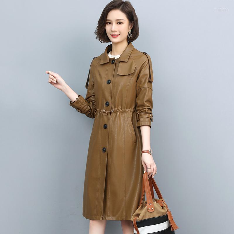 

Women's Leather Women Trench Coat Spring 2022 Fashion Turn-down Collar Solid Color Drawstring Loose Long Sheepskin, Black