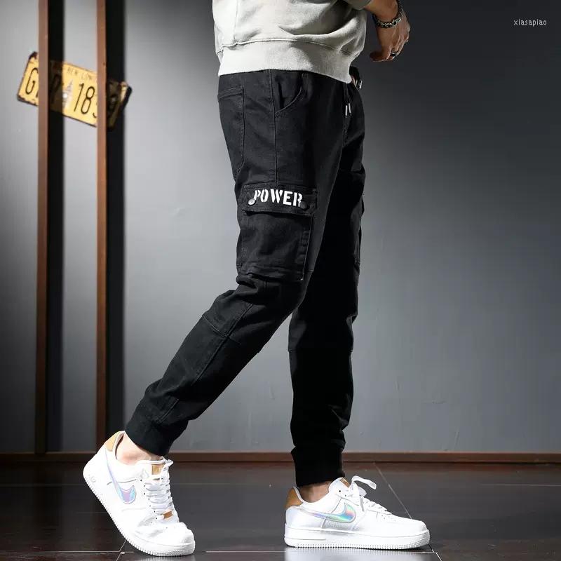 

Men's Jeans Autumn Black Cargo Pants Men Streetwear Letter Printed Casual Cotton Stretch Slim Fit Elastic Waist Drawstring Trousers