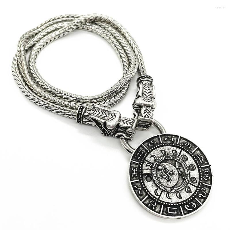 

Pendant Necklaces Nostalgia Sun God Moon 12 Horoscope Zodiac Sign Charm Wolf Heads Metal Chain Viking Necklace