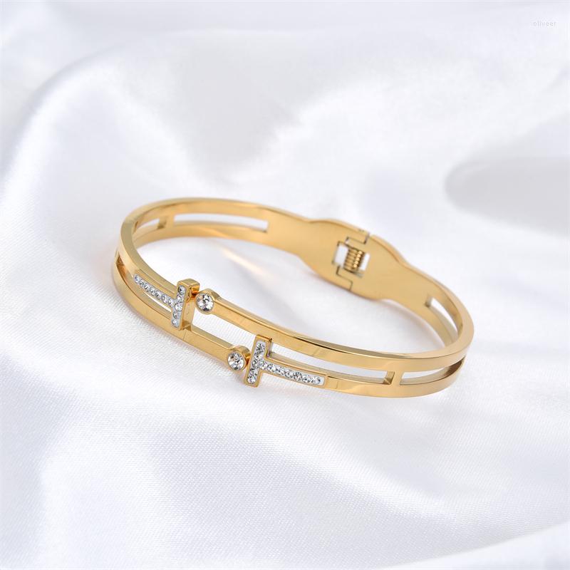 

Bangle FYSARA Style Stainless Steel Jewelry Bracelet Double T Female Trend Open Buckle Spring Bracelets For Women