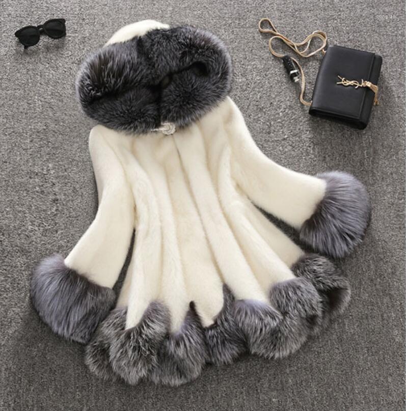 

Women' Fur Winter Coat Women Elegant Long Female Hooded Warm Jacket Ladies Loose Plush Big Black Overwear, White
