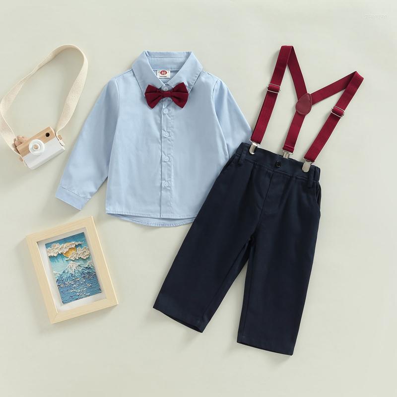 

Clothing Sets Kids Boys Gentleman Outfits Spring Autumn Long Sleeve Bow Tie Tops Suspender Pants Casual Clothes Outfit, Picture shown