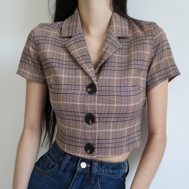 

Women' Blouses Women Vintage Notched Neck Short Sleeve Checked Shirt, Brown