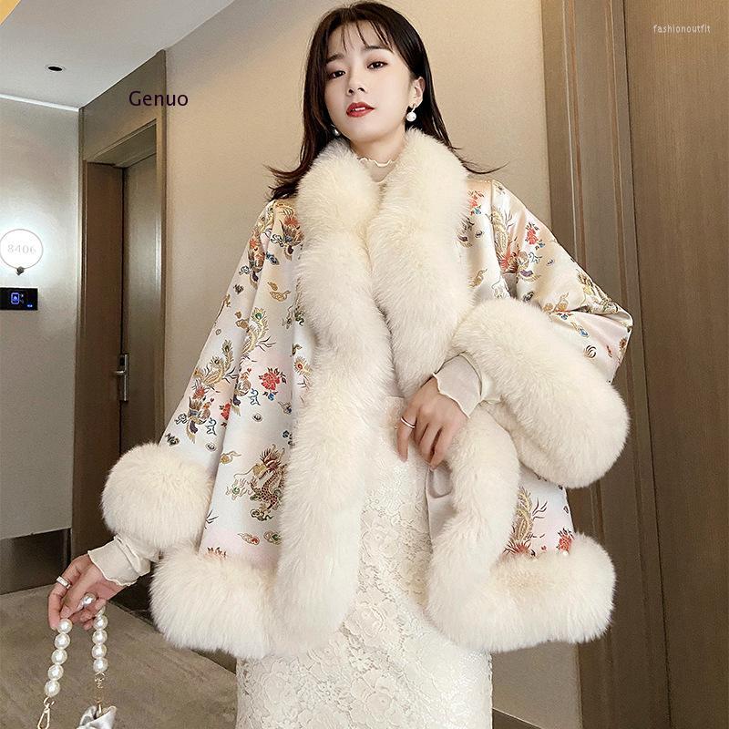 

Women' Fur 2022 Chinese Style Coat Court Ladies Satin Mid-Length Beaded Faux Shawl Jacket Women Winter Printed Outwear, Black