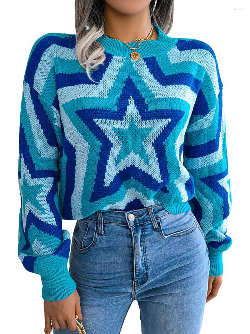 

Women' Sweaters Women Long Sleeve Star Printed Sweater Contrast Color Round Neck Knitted Tops Fall Winter Casual Pullover Top, Blue