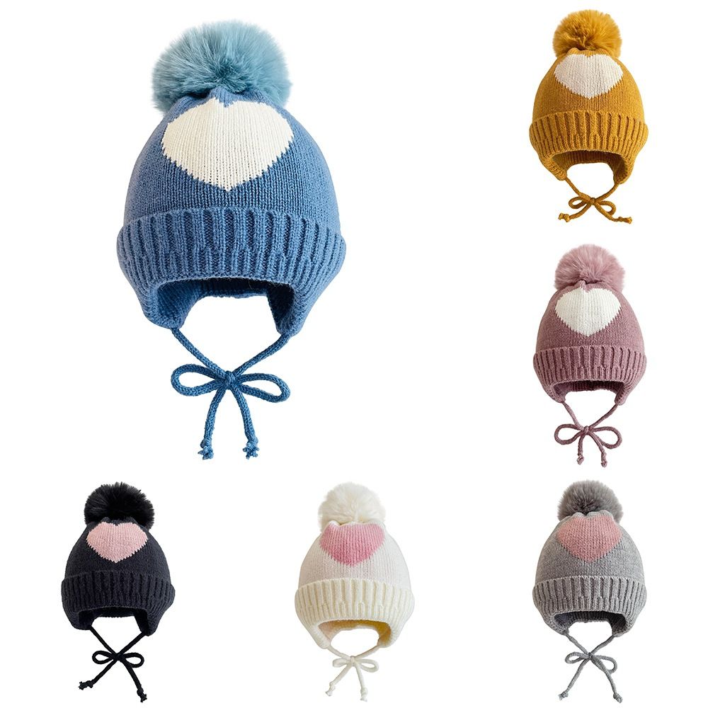 

Children's Hat Beanie Jacquard Love Winter Warm Knitted Baby Hair Ball Ear Cap RRA392, Multi
