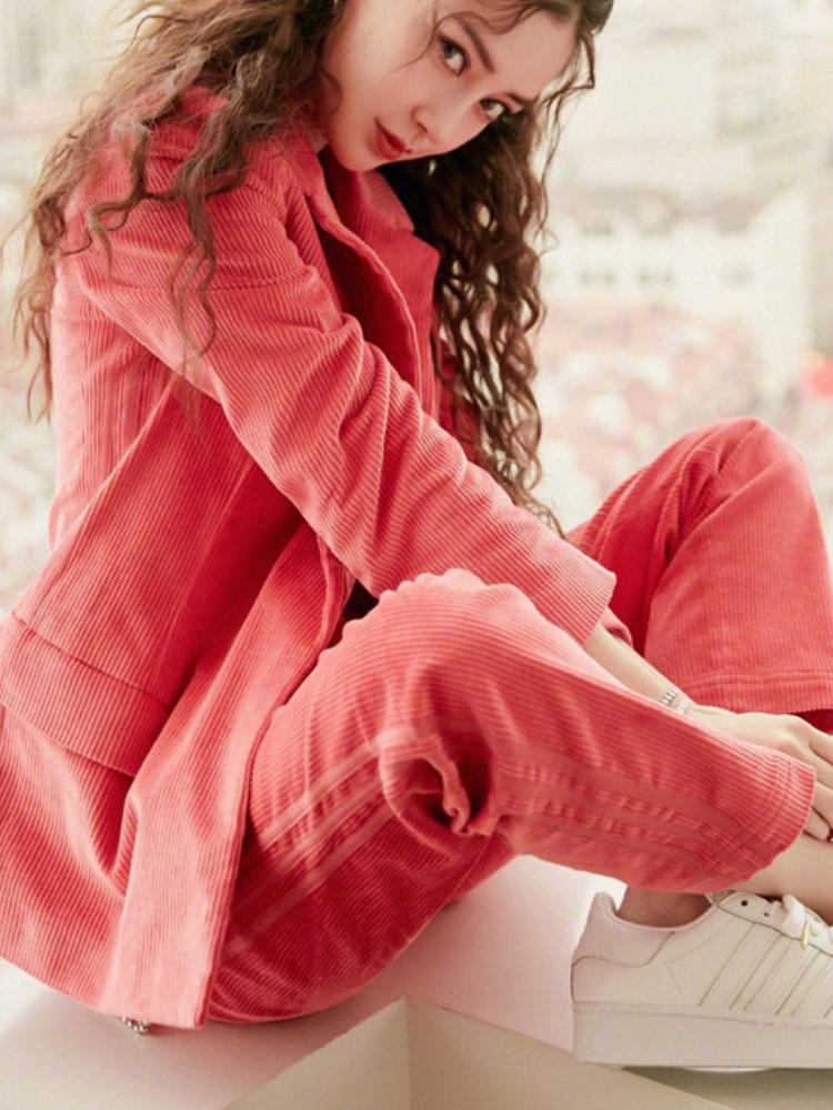 

Women' Two Piece Pants High Quality Women Corduroy Formal Uniform Design Pantsuit Professional Business Work Wear Blazers 2 Pieces Set, Red
