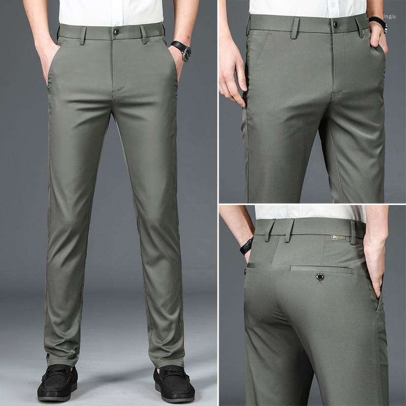 

Men's Pants Spring/Summer Brand Men's Fitted Straight Lightweight Stretch Bamboo Fiber Business Casual Thin Trousers Black, Khaki green