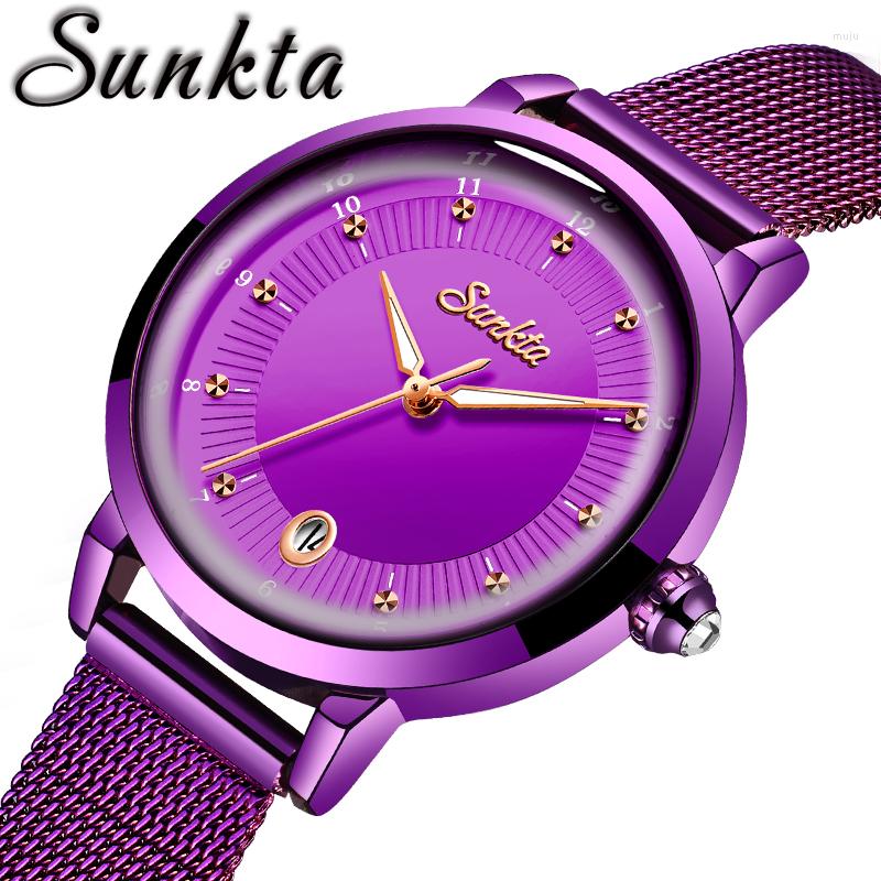 

Wristwatches SUNKTA Luxury Women Watches Mesh Belt Female Clock Quartz Wristwatch Fashion Ladies Watch Relogio Feminino, Blue