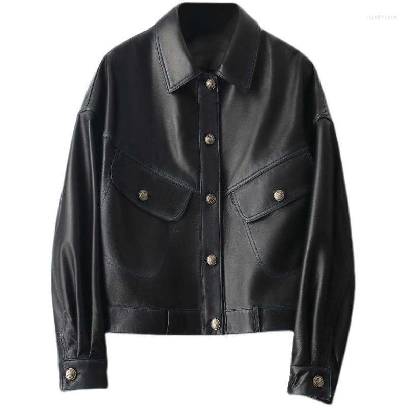 

Women' Leather 2022 Haining Clothes Women' Spring And Autumn Short Locomotive Jacket Lean Sheep Skin Coat, Black
