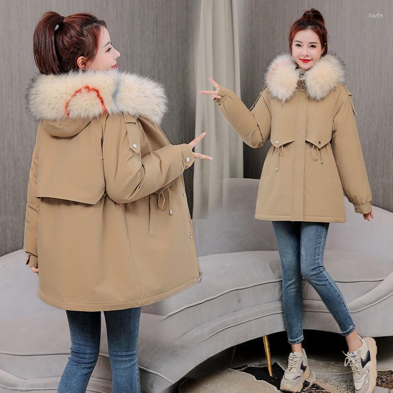 

Women's Trench Coats 2022 Winter Jacket Women Big Fur Collar Hooded Cotton Coat Parkas Female Loose Plus Velvet Thick Parka Size 4XL, Black