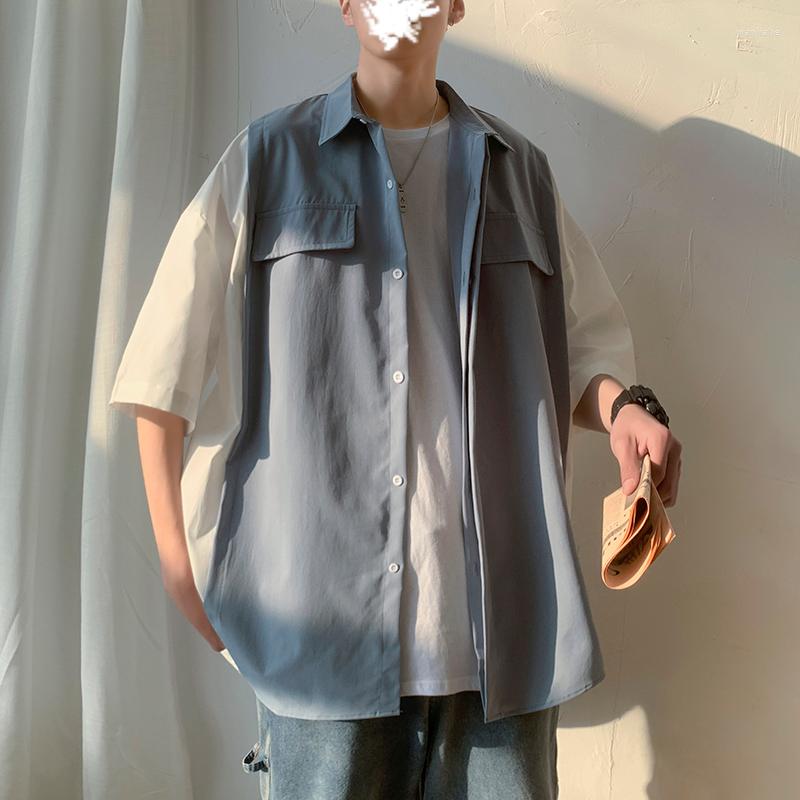 

Men's Casual Shirts MITEKSAN Short Sleeve White Black Patchwork Shirt Men Slim Fit Polyester Clothing Fashion Brand M-2XL, Blue